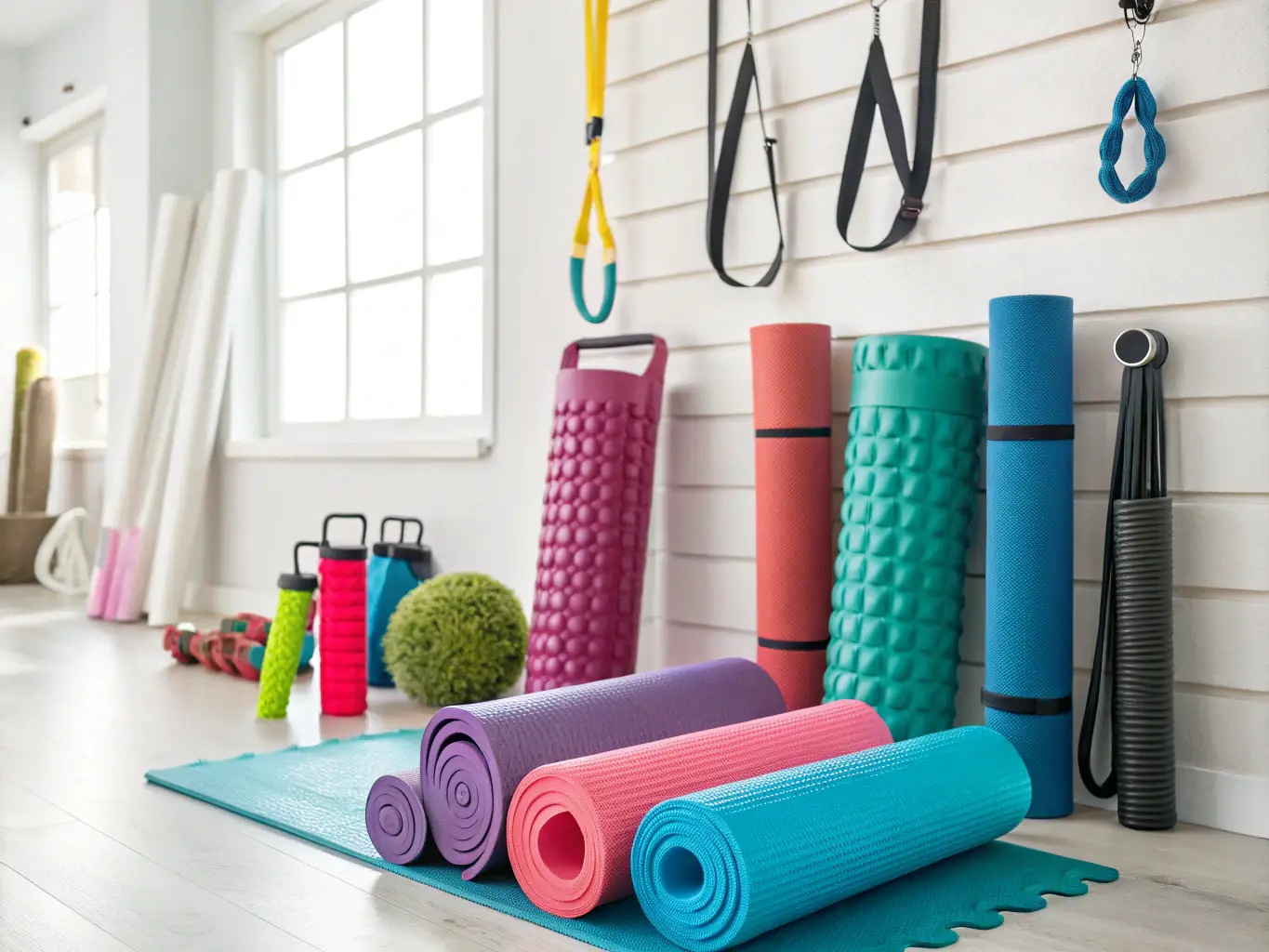 A photo of resistance bands, a mini treadmill, and yoga mats arranged in a cozy home setting, representing Home Fitness Equipment.