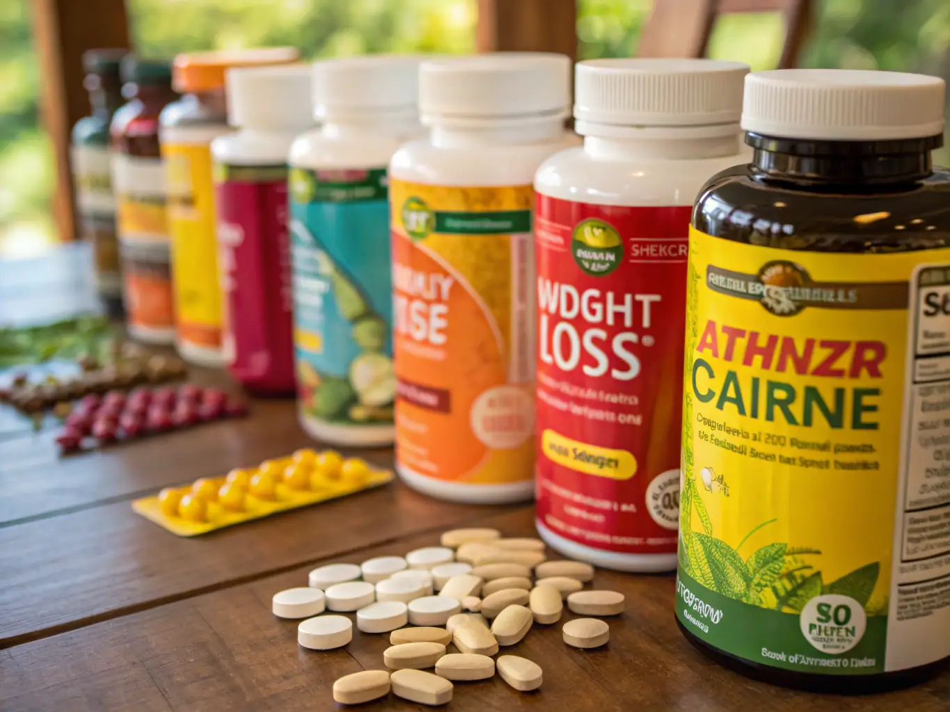 An image of various supplement bottles and capsules displayed on a natural wooden surface.