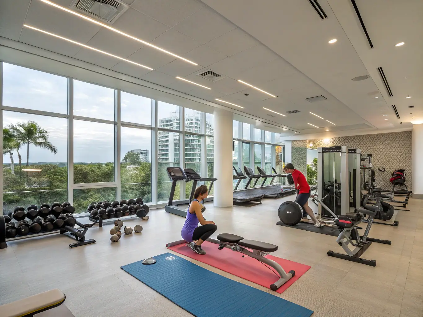 A photo of resistance bands, a mini treadmill, and yoga mats arranged in a cozy home setting.